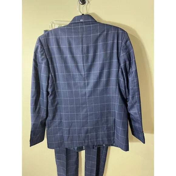 French Crown Men's 42 Blue Windowpane Pattern Wool Rich Double Breasted Suit NEW
